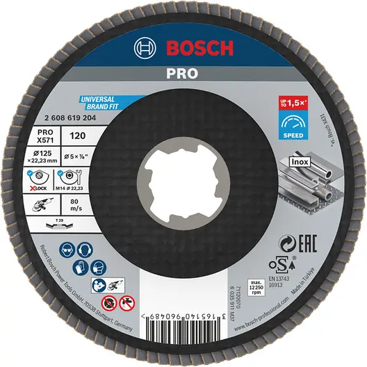 Ламелен диск за шлайфане Bosch на метал и неръждаема стомана  X-lock, 125 мм, P120, конусен, PRO X571