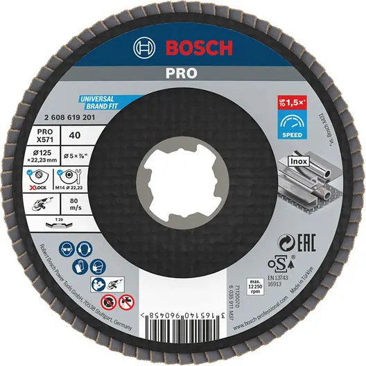 Ламелен диск за шлайфане Bosch на метал и неръждаема стомана  X-lock, 125 мм, P40, конусен, PRO X571