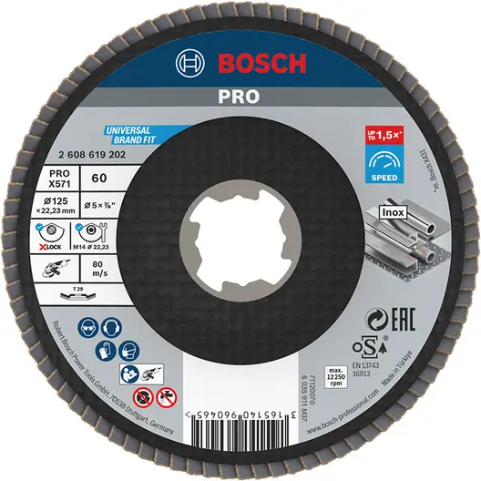 Ламелен диск за шлайфане Bosch на метал и неръждаема стомана  X-lock, 125 мм, P60, конусен, PRO X571