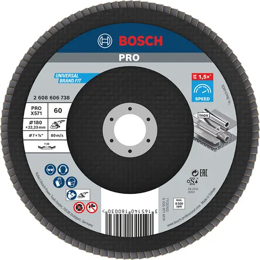 Ламелен диск за шлайфане Bosch на метал и неръждаема стомана  180 мм, 22.23 мм, P60, конусен, PRO X571