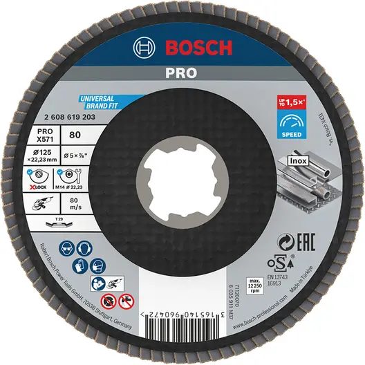 Ламелен диск за шлайфане Bosch на метал и неръждаема стомана  X-lock, 125 мм, P80, конусен, PRO X571