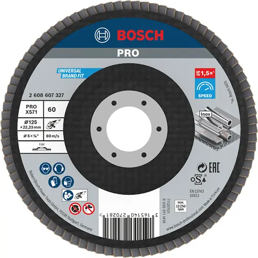 Ламелен диск за шлайфане Bosch на метал и неръждаема стомана  125 мм, 22.23 мм, P60, прав, PRO X571