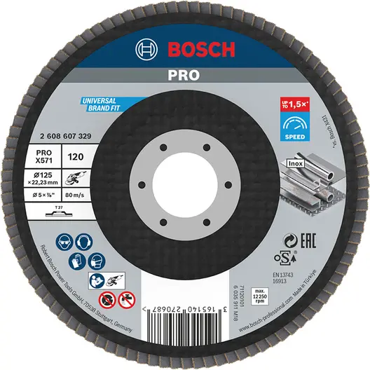 Ламелен диск за шлайфане Bosch на метал и неръждаема стомана  125 мм, 22.23 мм, P120, прав, PRO X571