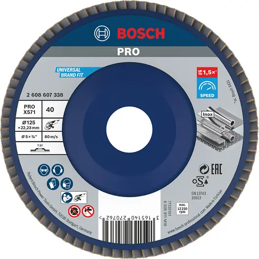Ламелен диск за шлайфане Bosch на метал и неръждаема стомана  125 мм, 22.23 мм, P40, прав, PRO X571