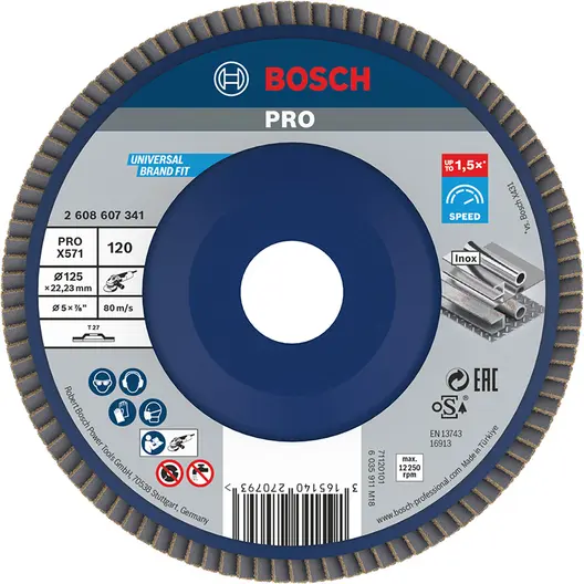 Ламелен диск за шлайфане Bosch на метал и неръждаема стомана  125 мм, 22.23 мм, P120, прав, PRO X571