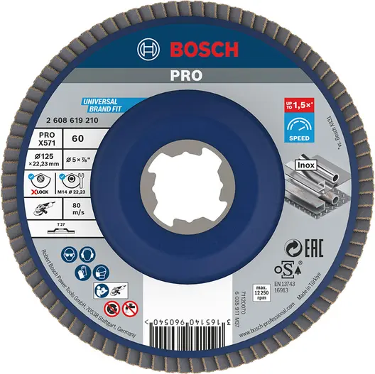 Ламелен диск за шлайфане Bosch на метал и неръждаема стомана  X-lock, 125 мм, P60, прав, PRO X571