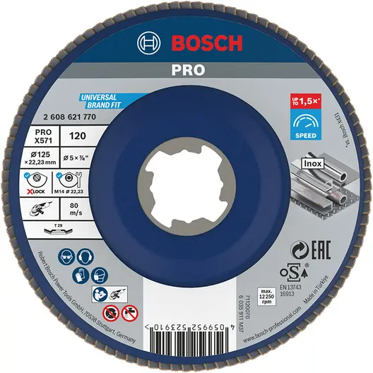 Ламелен диск за шлайфане Bosch на метал и неръждаема стомана  X-lock, 125 мм, P120, конусен, PRO X571