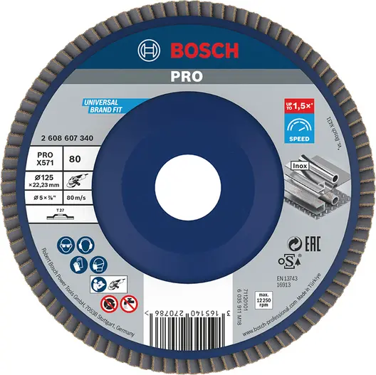 Ламелен диск за шлайфане Bosch на метал и неръждаема стомана  125 мм, 22.23 мм, P80, прав, PRO X571