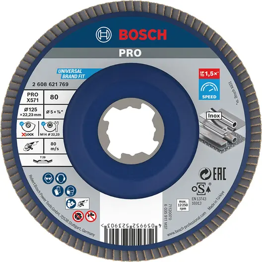Ламелен диск за шлайфане Bosch на метал и неръждаема стомана  X-lock, 125 мм, P80, конусен, PRO X571