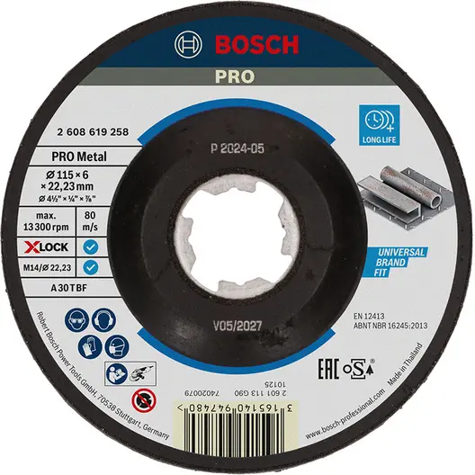 Диск карбофлексен за шлайфане Bosch на метал  115 мм, 22.23 мм, 6 мм, X-lock, PRO Metal
