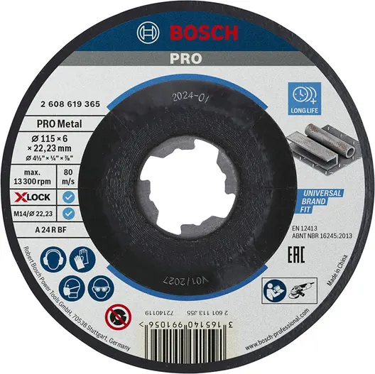 Диск карбофлексен за шлайфане Bosch на метал  115 мм, 22.23 мм, 6 мм, X-lock, PRO Metal