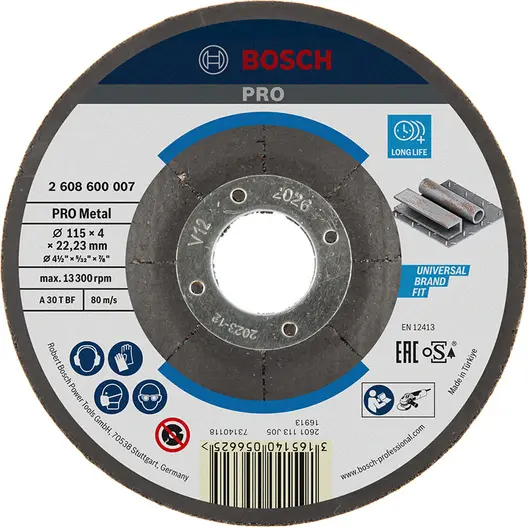 Диск карбофлексен за шлайфане Bosch на метал  115 мм, 22.23 мм, 4 мм, PRO Metal