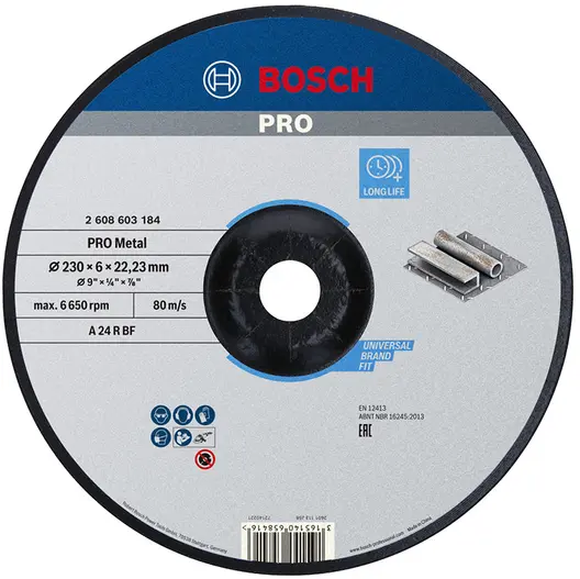 Диск карбофлексен за шлайфане Bosch на метал  230 мм, 22.23 мм, 6 мм, PRO Metal