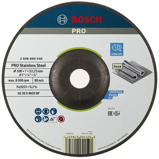 Диск карбофлексен за шлайфане Bosch на неръждаема стомана  180 мм, 22.23 мм, 6 мм, PRO Stainless Steel