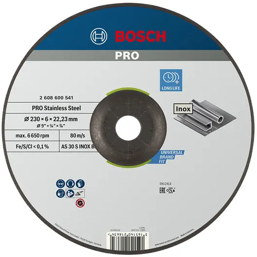 Диск карбофлексен за шлайфане Bosch на неръждаема стомана  230 мм, 22.23 мм, 6 мм, PRO Stainless Steel