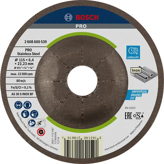 Диск карбофлексен за шлайфане Bosch на неръждаема стомана  115 мм, 22.23 мм, 6 мм, PRO Stainless Steel