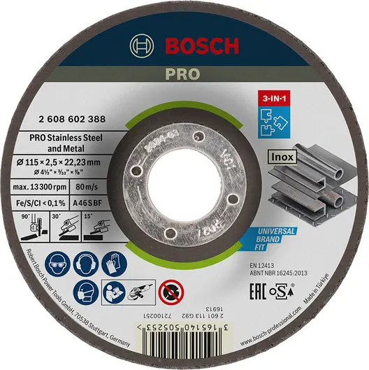Диск карбофлексен за рязане Bosch на метал и неръждавейка 3 в 1 115 мм, 2.5 мм, 22.23 мм, PRO Stainless Steel and Metal