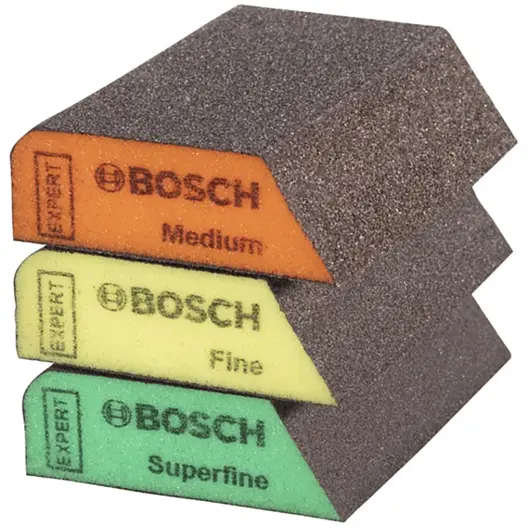 Шкурка върху гъба за ръчно шлайфане Bosch комплект  97x69x26 мм, много фина, средна, фина, 20 бр., Expert S470