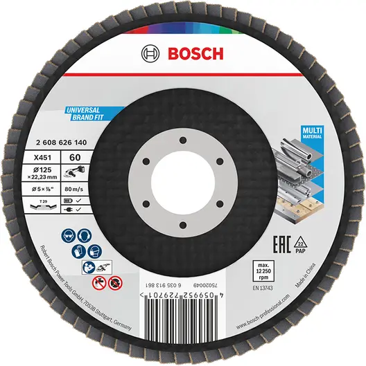 Ламелен диск за шлайфане Bosch на метал и неръждаема стомана  125 мм, 22.23 мм, P60, конусен, X451