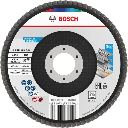 Ламелен диск за шлайфане Bosch на метал и неръждаема стомана  125 мм, 22.23 мм, P80, конусен, X451