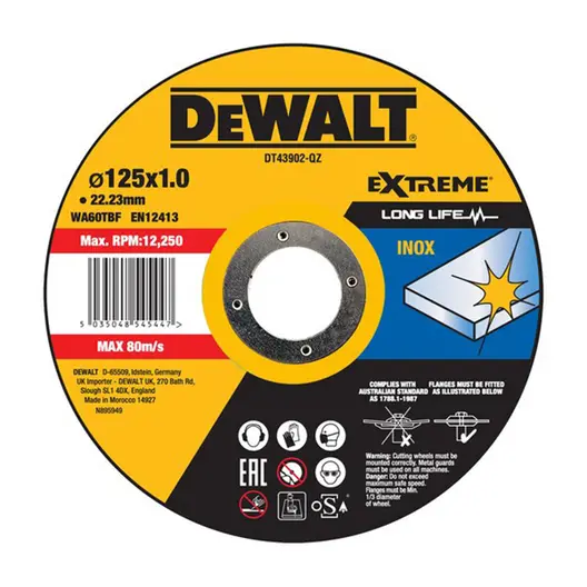 Диск карбофлексен за рязане DeWALT на неръждаема стомана  125 мм, 1 мм, 22.2 мм, Extreme