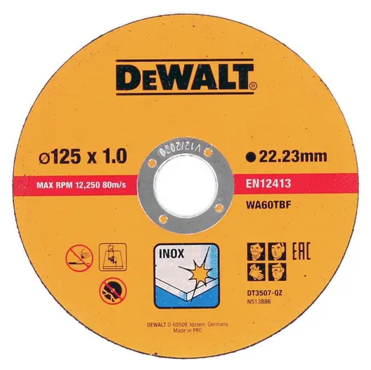 Диск карбофлексен за рязане DeWALT на неръждаема стомана  125 мм, 1 мм, 22.2 мм, Stainless Steel