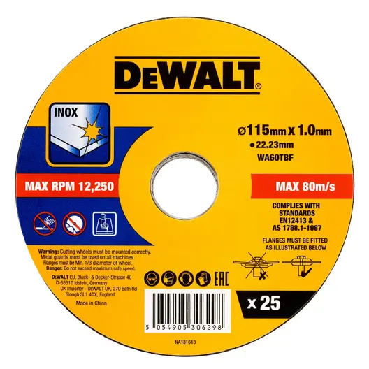 Диск карбофлексен за рязане DeWALT на неръждаема стомана  115 мм, 1 мм, 22.23 мм, DT20599