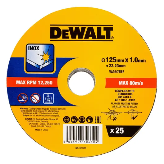 Диск карбофлексен за рязане DeWALT на неръждаема стомана  125 мм, 1 мм, 22.23 мм, DT20598