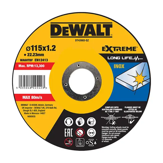 Диск карбофлексен за рязане DeWALT на неръждаема стомана  115 мм, 1.2 мм, 22.23 мм, Extreme