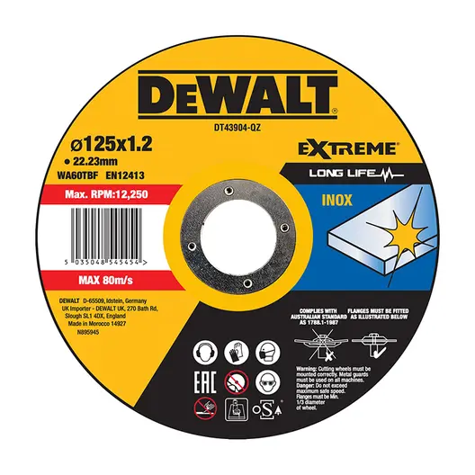 Диск карбофлексен за рязане DeWALT на неръждаема стомана  125 мм, 1.2 мм, 22.23 мм, Extreme