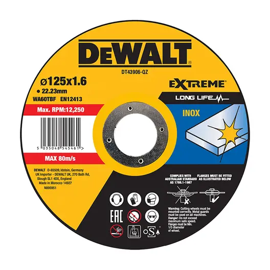 Диск карбофлексен за рязане DeWALT на неръждаема стомана  125 мм, 1.6 мм, 22.23 мм, Extreme