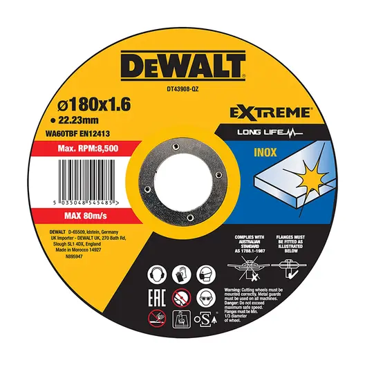 Диск карбофлексен за рязане DeWALT на неръждаема стомана  180 мм, 1.6 мм, 22.23 мм, Extreme