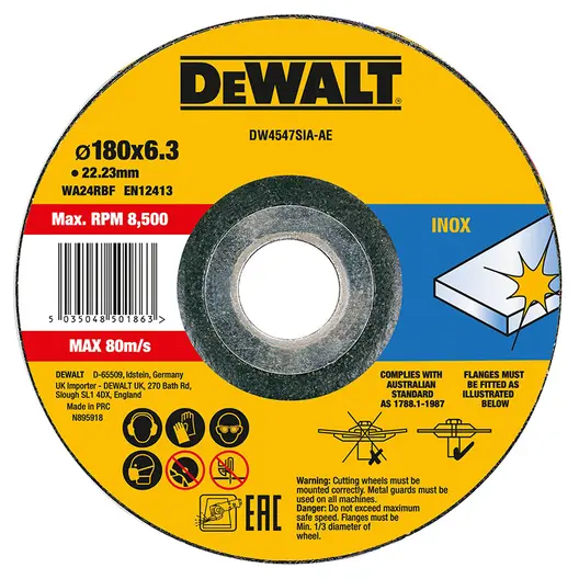 Диск карбофлексен за рязане DeWALT на неръждаема стомана  180 мм, 6.3 мм, 22.2 мм, DW4547SIA