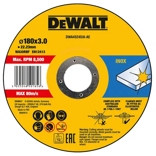 Диск карбофлексен за рязане DeWALT на неръждаема стомана  180 мм, 3 мм, 22.2 мм, DWA4524SIA
