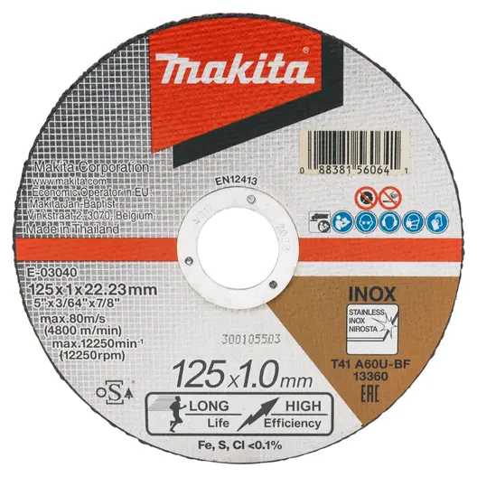 Диск карбофлексен за рязане Makita на неръждаема стомана  125 мм, 1 мм, 22.23 мм, E-03040