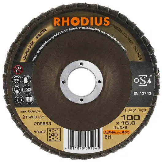 Ламелен диск за шлайфане Rhodius на неръждаема стомана  125 мм, 22.23 мм, P40, конусен, LSZ F2