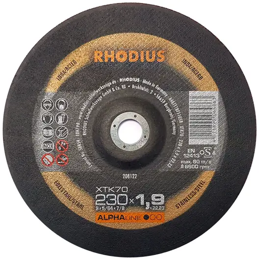 Диск карбофлексен за рязане Rhodius на неръждаема стомана  230 мм, 1.9 мм, 22.23 мм, XTK70