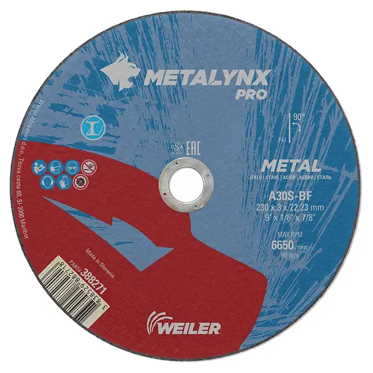 Диск карбофлексен за рязане Weiler на метал  230 мм, 3 мм, 22.23 мм, Metalynx Pro