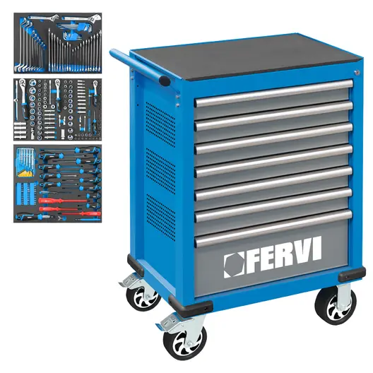 Шкаф Fervi с инструменти метален подвижен  235 бр., 770x460x985 мм, 190 кг, син, C960C3C