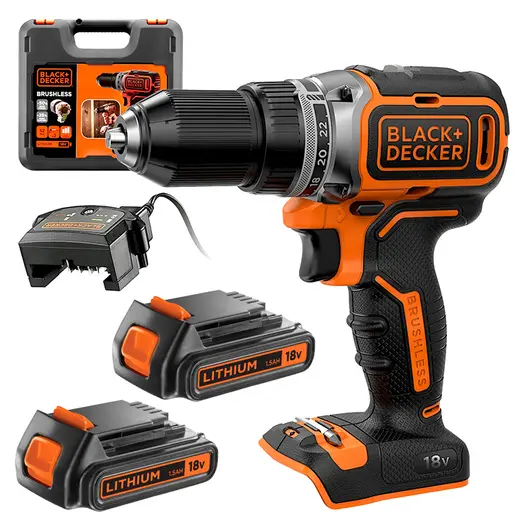 Акумулаторен винтоверт Black & Decker с безчетков двигател  с 2 батерии и зарядно, 18 V, 1.5 Ah, 52 Nm, 13 мм, BL186KB