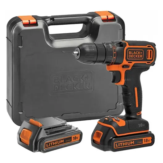 Акумулаторен винтоверт Black & Decker с колекторен двигател  с 2 батерии и зарядно, 18 V, 1.5 Ah, 40 Nm, 10 мм, BDCDD186KB