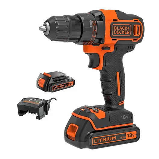 Акумулаторен винтоверт Black & Decker с колекторен двигател  с 2 батерии и зарядно, 18 V, 1.5 Ah, 40 Nm, 10 мм, BDCDD186B