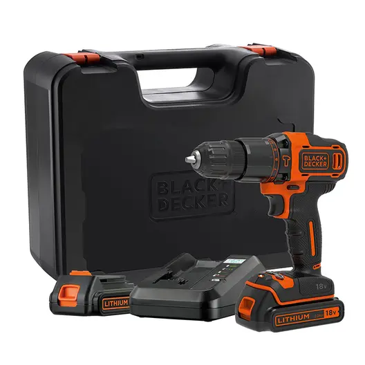 Акумулаторен винтоверт Black & Decker ударен  с 2 батерии и зарядно, 18 V, 2 Ah, 40 Nm, 10 мм, BDCHD18K1B2