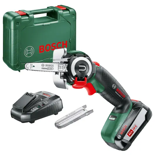 Акумулаторна резачка за дърва Bosch  с 1 батерия и зарядно, 18 V, 2.5 Ah, 6.5 см, AdvancedCut 18