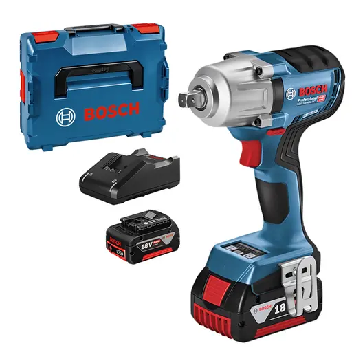 Акумулаторен гайковерт Bosch с колекторен двигател  с 2 батерии и зарядно, 18 V, 4 Ah, 450 Nm, квадрат, 1/2", GDS 18V-450 PC