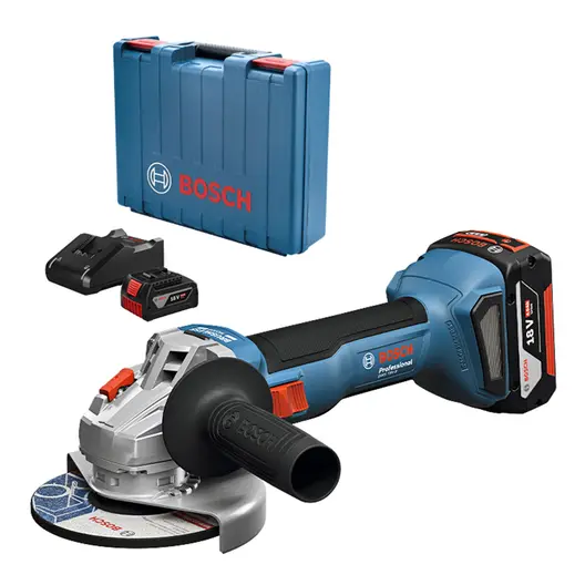 Акумулаторен ъглошлайф Bosch  с 2 батерии и зарядно, 18 V, 4 Ah, 125 мм, 11 000 об./мин, GWS 18V-8