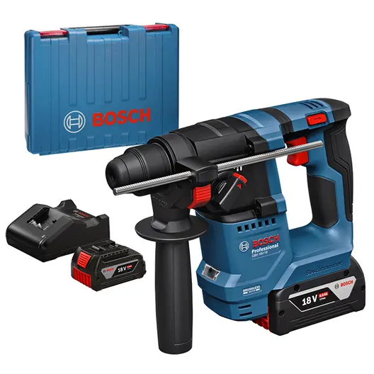 Акумулаторен перфоратор Bosch с безчетков двигател  с 2 батерии и зарядно, SDS-plus, 18 V, 4 Ah, 1.5 J, GBH 18V-18