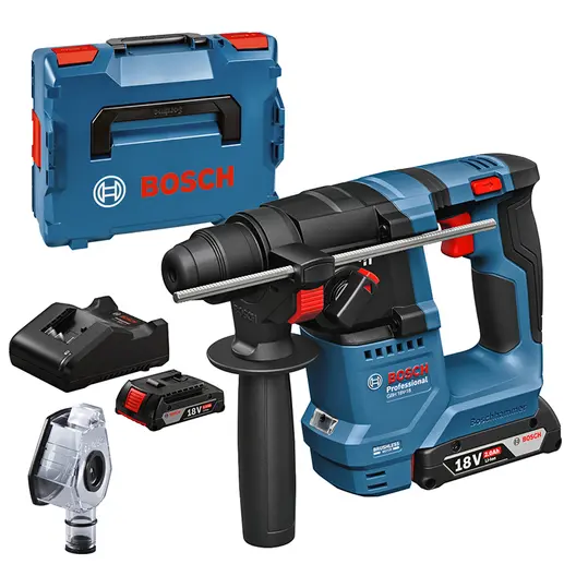 Акумулаторен перфоратор Bosch с безчетков двигател  с 2 батерии и зарядно, SDS-plus, 18 V, 2 Ah, 1.5 J, GBH 18V-18