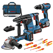 Комплект акумулаторни инструменти Bosch  с 3 батерии и зарядно, GSB 18V-65, GBH 18V-24, GWS 18V-11, 18 V, 5 Ah - product - 004 BSH3424