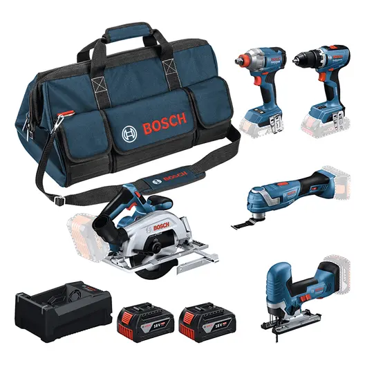 Комплект акумулаторни инструменти Bosch  с 2 батерии и зарядно, GSR 18V-65, GDX 18V-285, GKS 18V-57-2, GOP 18V-34, GST 18V-125 S, 18 V, 5 Ah